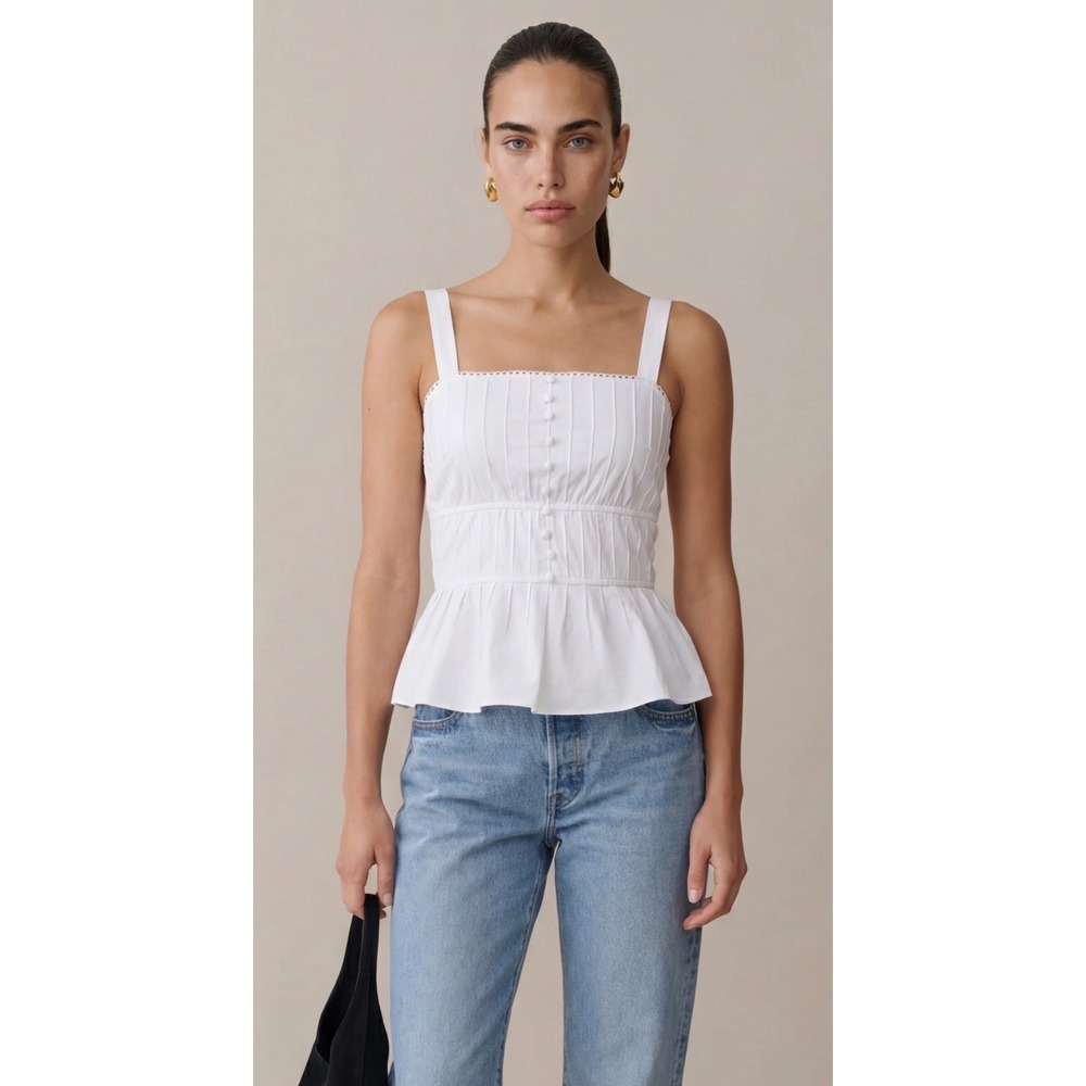 Kourt White Cotton Peplum Camisole Top Button Front Lace Trim Size 6 NEW